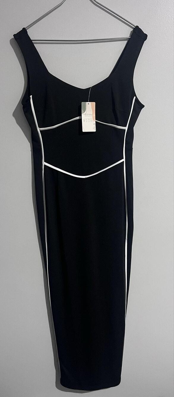 Btfbm Dress Womens L Black Sheath Bodycon Long V-Neck Zip Stretch Party Cocktail